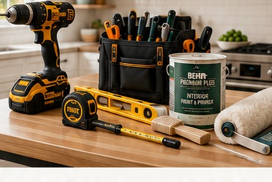 Home improvement tools on a kitchen counter: drill, level, tool bag, paint, and roller